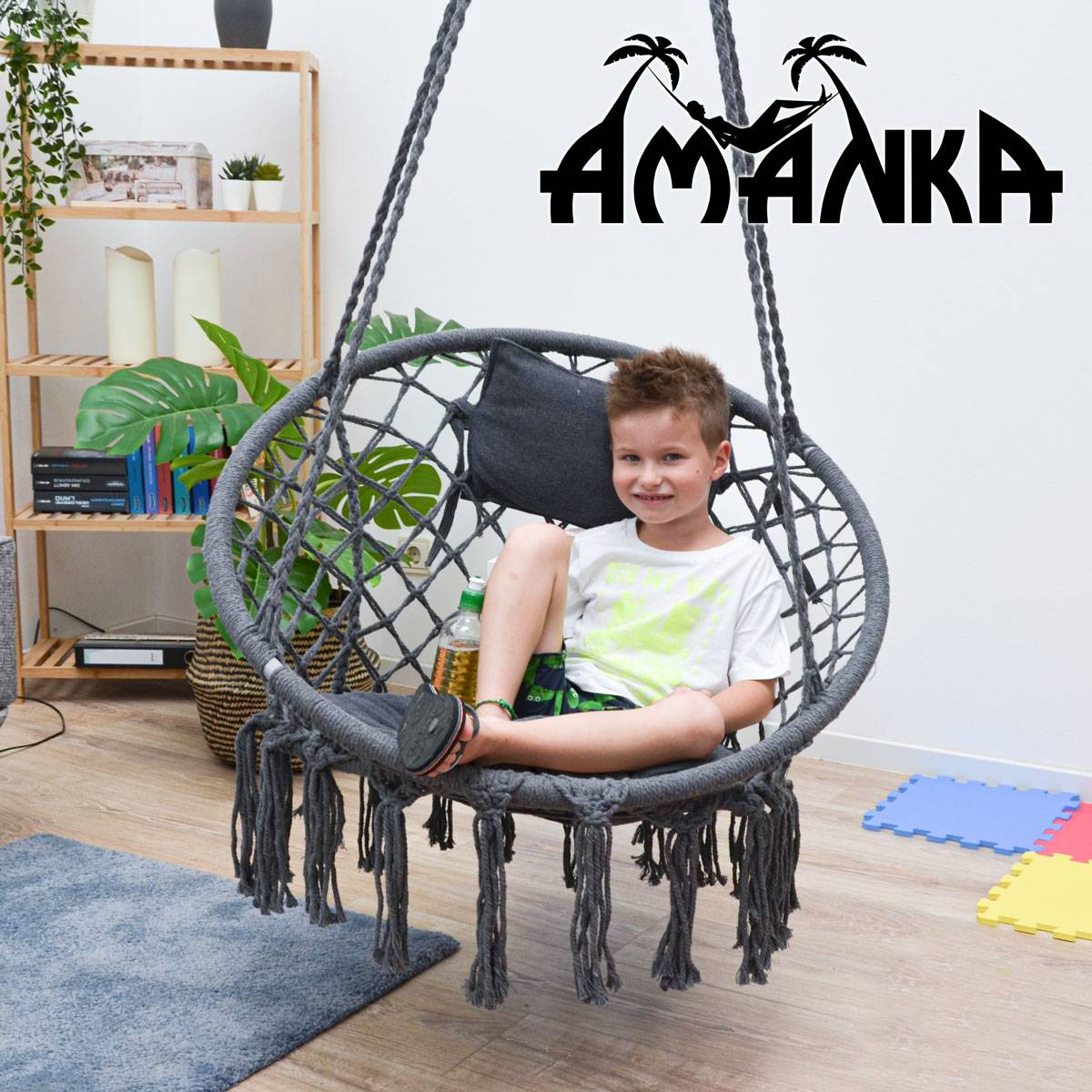 Hängesessel mit Kissen bis 120 kg - 80 cm Korbschaukel Rund Indoor Outdoor Grau