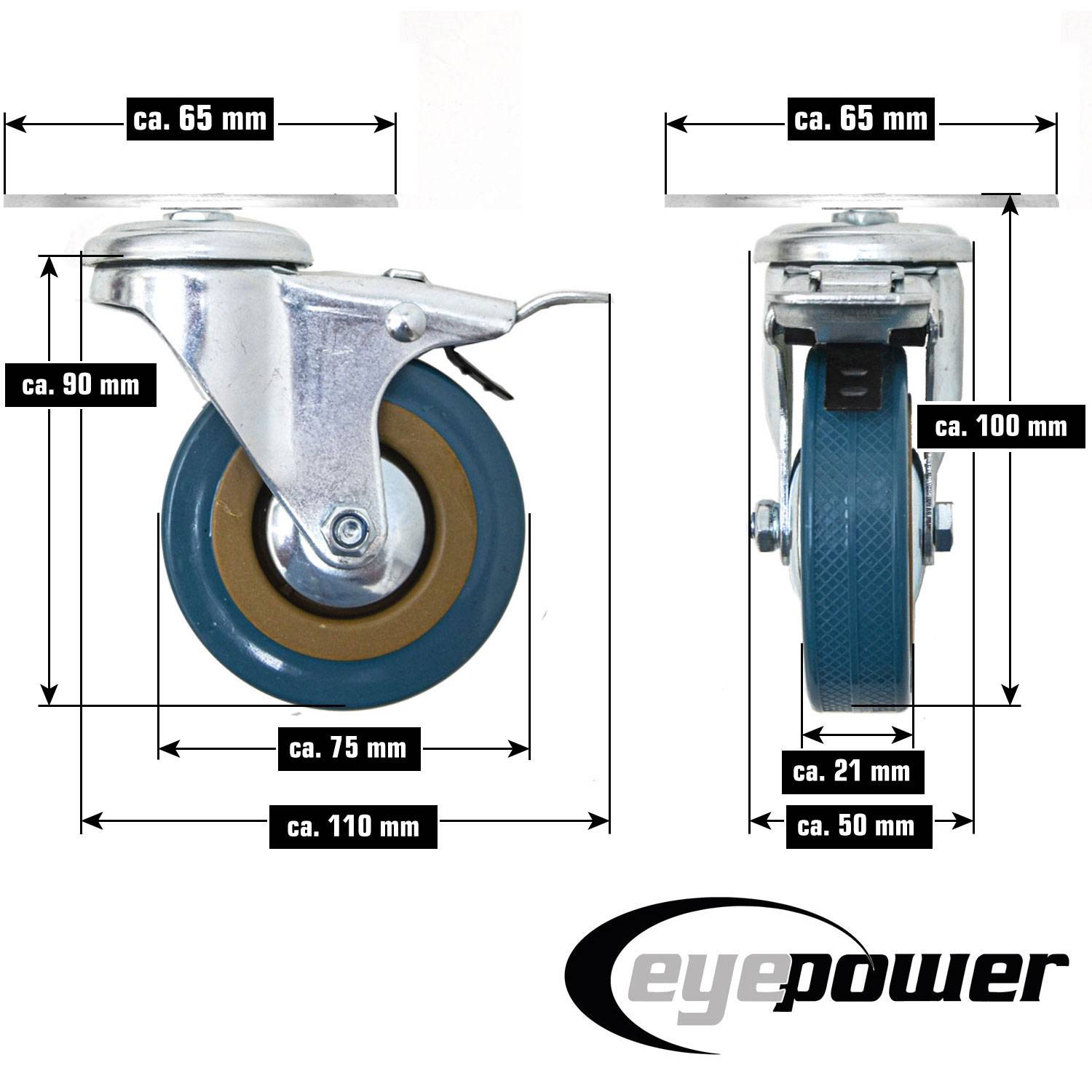 1 Stück Schwerlast Möbelrolle mit Bremse M10 - 75mm Lenkrolle Anschraubplatte