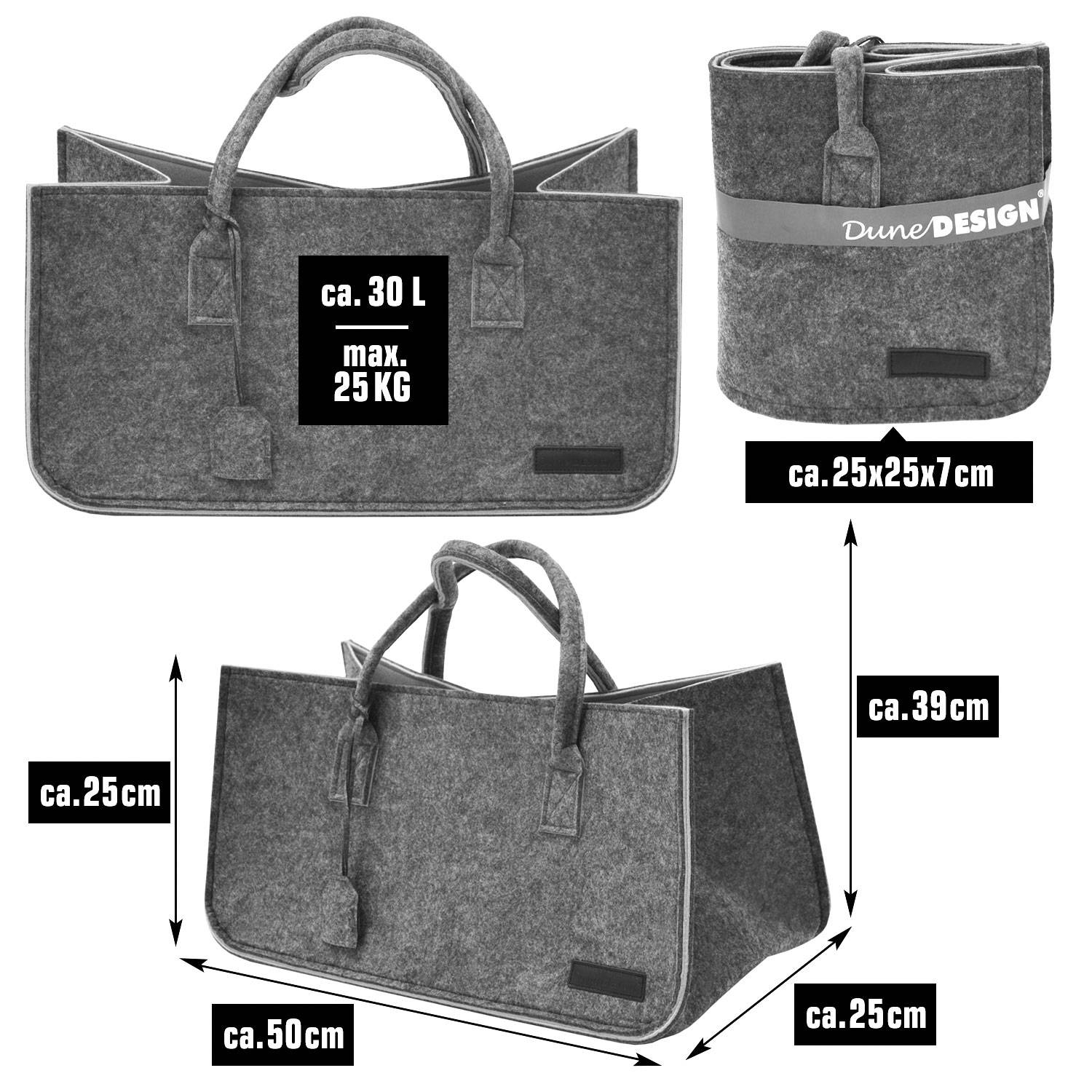 Schwerlast Filztasche - 50x25x25 Filz Einkaufstasche - Kamintasche Kaminholzkorb