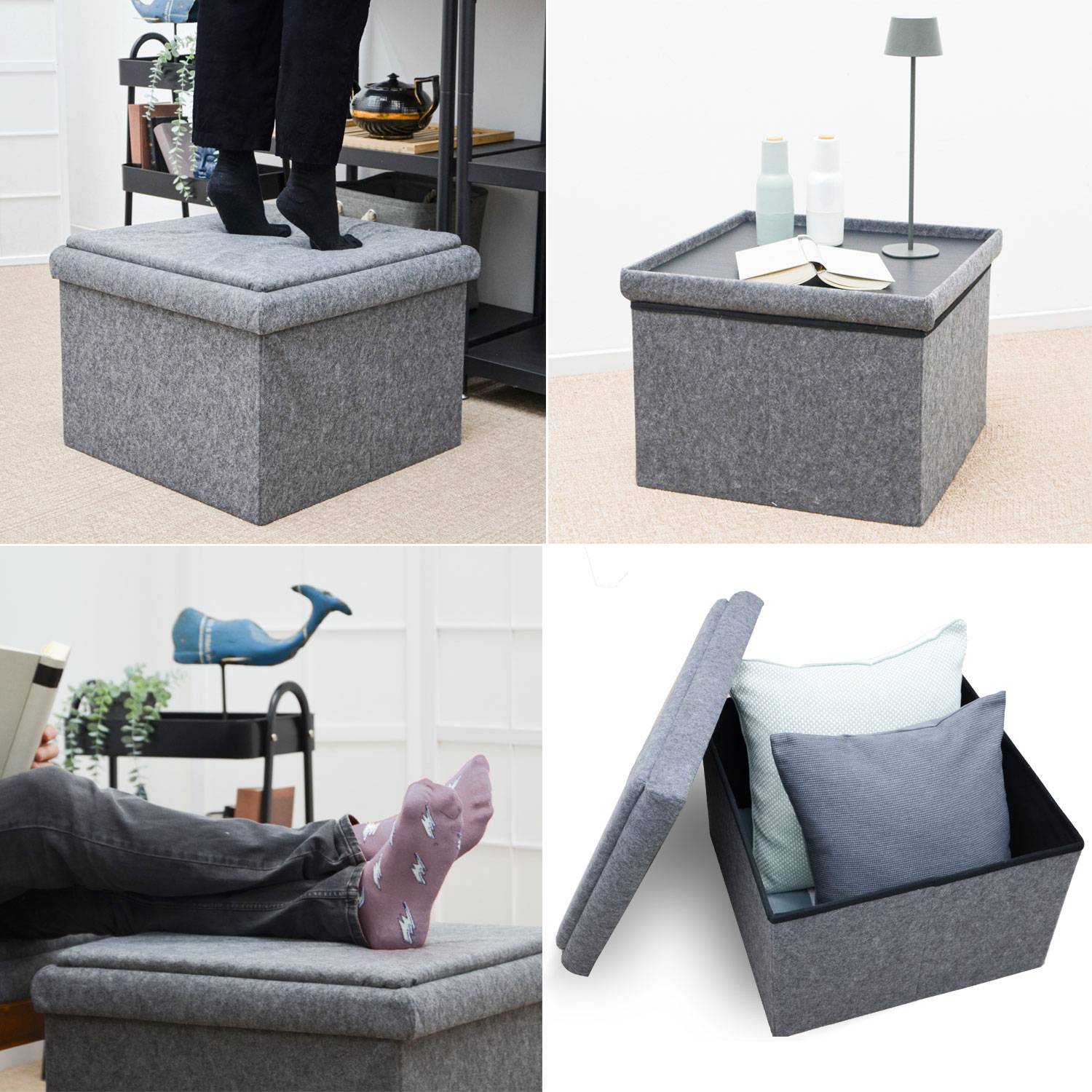 3-in-1 Sofa Hocker mit Stauraum - 56x56x40 Filz Beistellhocker - Sitzhocker Grau