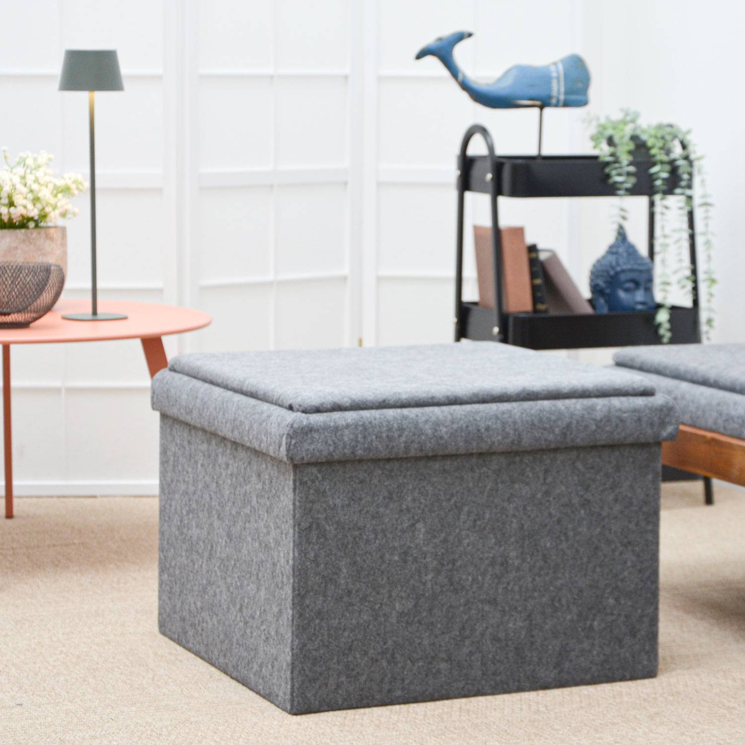 3-in-1 Sofa Hocker mit Stauraum - 56x56x40 Filz Beistellhocker - Sitzhocker Grau