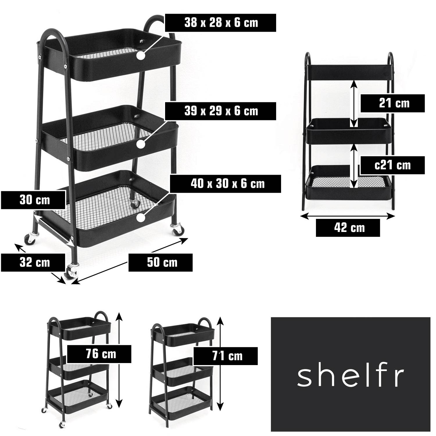 Rollwagen Metall 42x30x77 Servierwagen mit Rollen Küchenwagen Rollregal Badregal