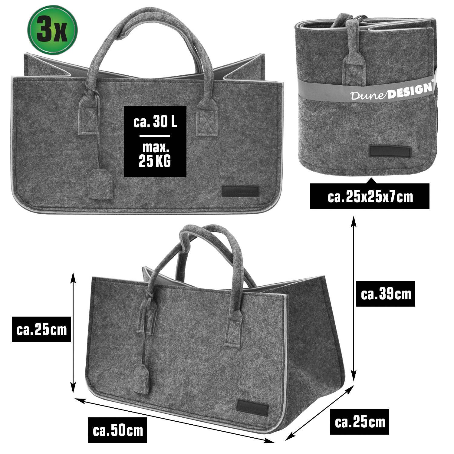3er Set Filztasche bis 25kg - 50x25x25 Filz Shopper Einkaufstasche Kaminholzkorb