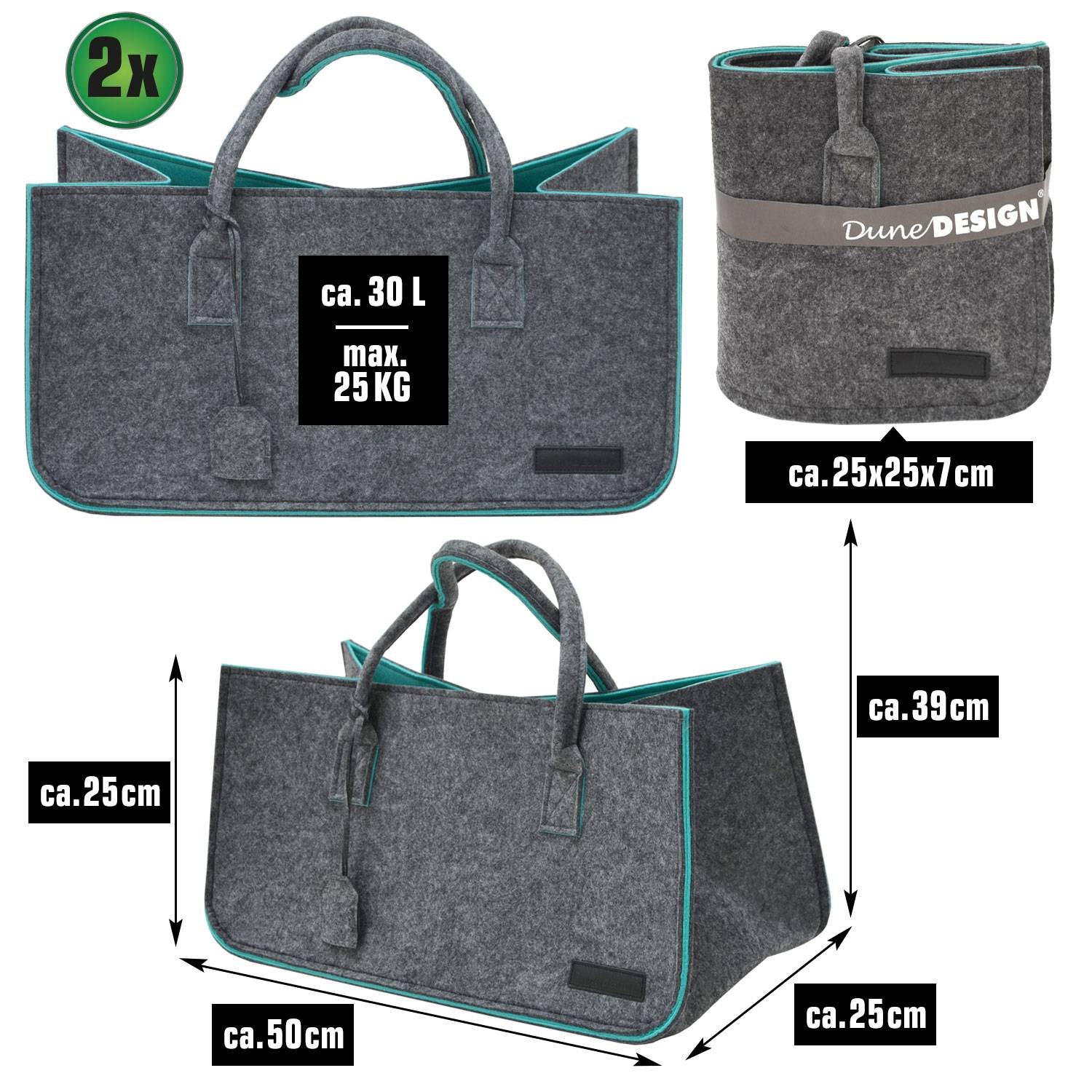 2er Set Filztasche bis 25kg - 50x25x25 Filz Shopper Einkaufstasche Kaminholzkorb