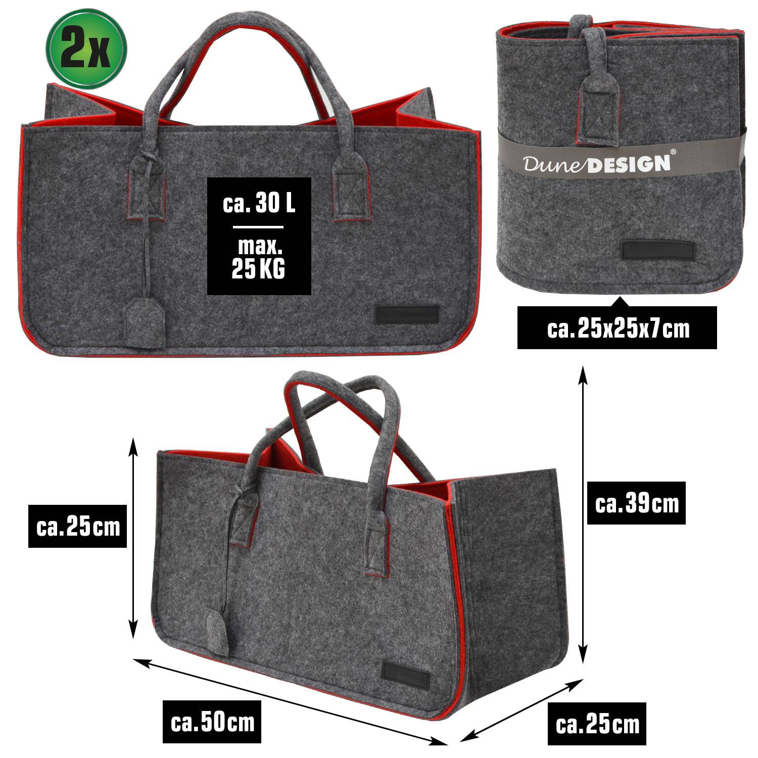 2er Set Filztasche bis 25kg - 50x25x25 Filz Shopper Einkaufstasche Kaminholzkorb