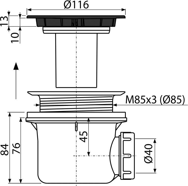 Technische CAD-Zeichnung eines Eimers mit zentraler Welle und oberer Gehäuseeinheit, mit seitlichen Abmessungen und einer gekennzeichneten Gewindebefestigung 'M85x3 (Ø85)'.
