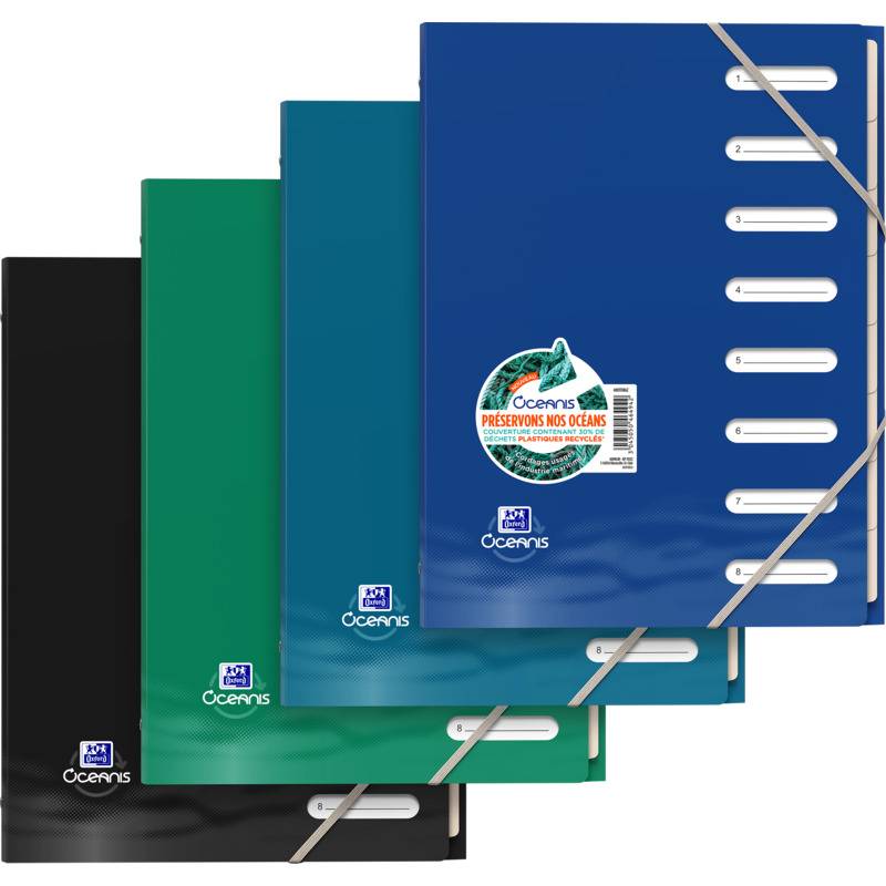 Stapel von vier Oceanis-Notizbüchern/Ordnern in Schwarz, Grün, Blaugrün und Blau, jedes mit einem Logo; das blaue Cover hat nummerierte Registerreiter und einen runden Aufkleber mit der Aufschrift „Preservons nos oceans