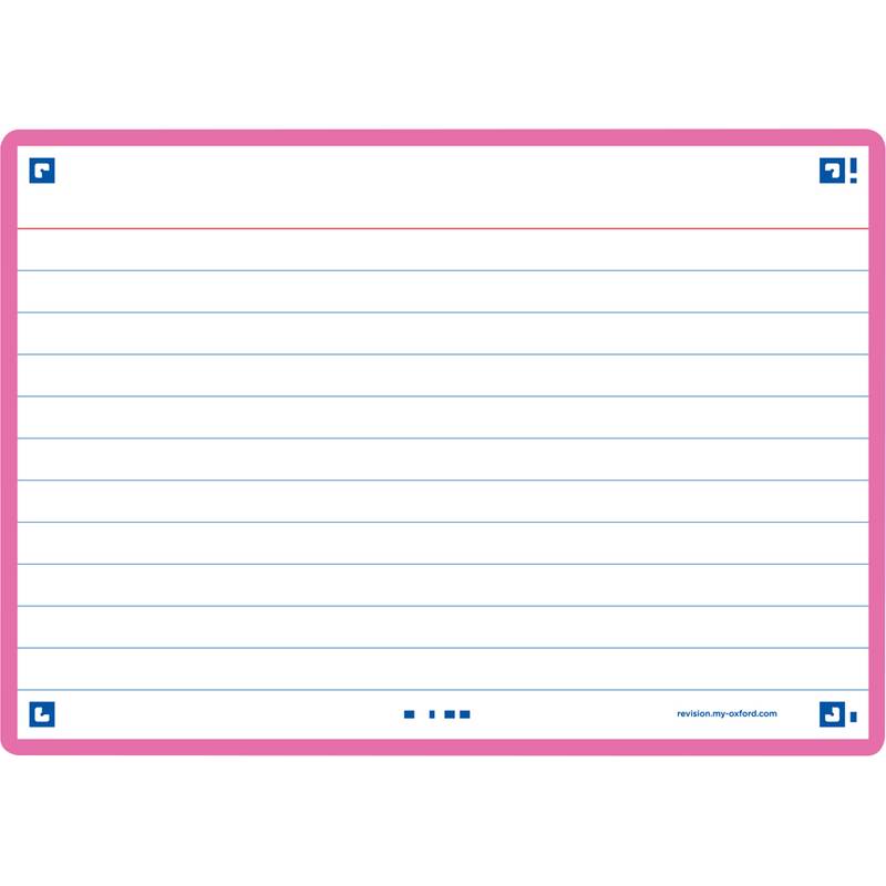 Eine linierte Indexkarte mit blauen Linien und rosa Rand, die in jeder Ecke Navigationssymbole enthält und zum Notieren oder Organisieren von Informationen verwendet wird.