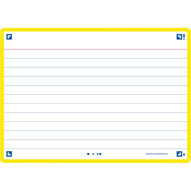 Eine leere Karteikarte mit gelber Umrandung und blauen Ecken sowie horizontalen blauen Linien auf weißem Hintergrund. Die oberste Linie ist rot für Überschriften.