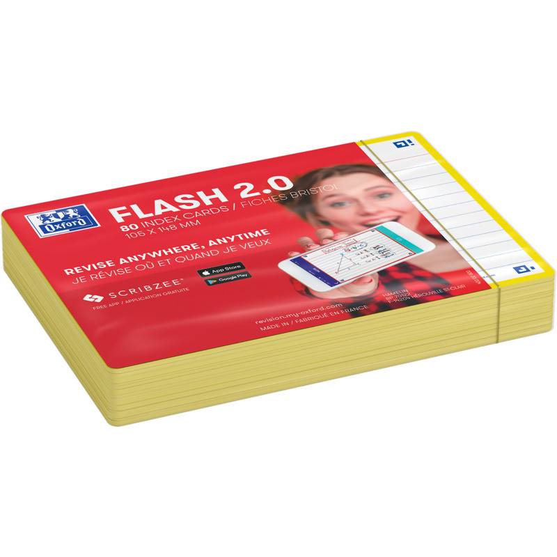 Ein Stapel Oxford Flash 2.0 Lernkarten, 80 doppelseitige Karten zum Wiederholen überall, mit rotem Umschlag und Smartphone-Lern-App-Bewerbung.