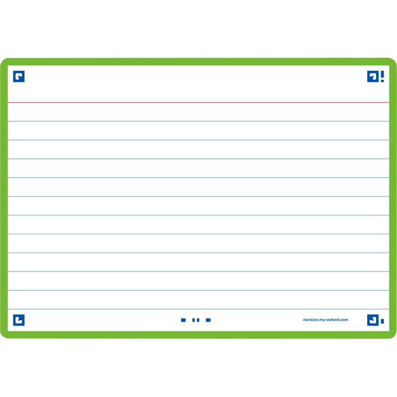 Eine weiße Karteikarte mit grünem Rand, die gleichmäßig angeordnete horizontale blaue Linien zum Schreiben und eine einzelne rote obere Randlinie aufweist.