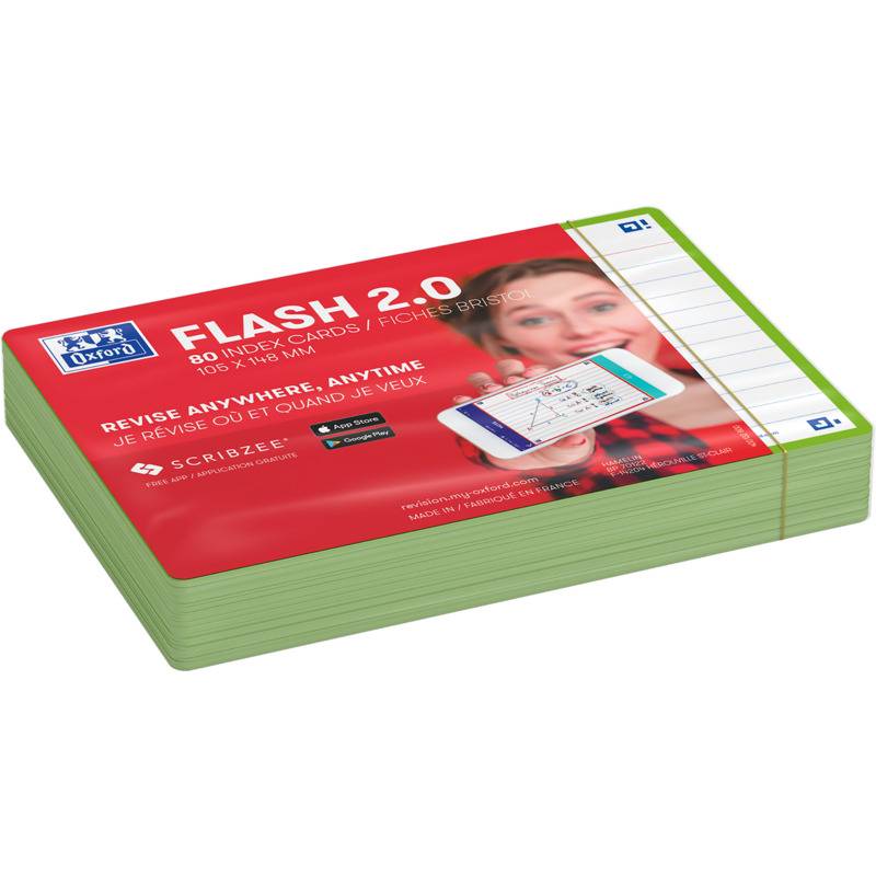 Stapel von Oxford Flash 2.0 Karteikarten, rot gekennzeichnet mit einem Smartphone-Bild, in grüner Bindung für Studium und Wiederholung gezeigt.