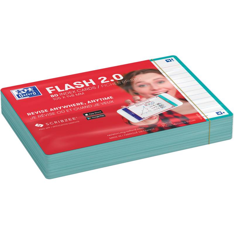 Ein Stapel Oxford FLASH 2.0 Lernkarten mit rotem Umschlag und türkisfarbenen Kanten, zusammengehalten durch ein Gummiband.