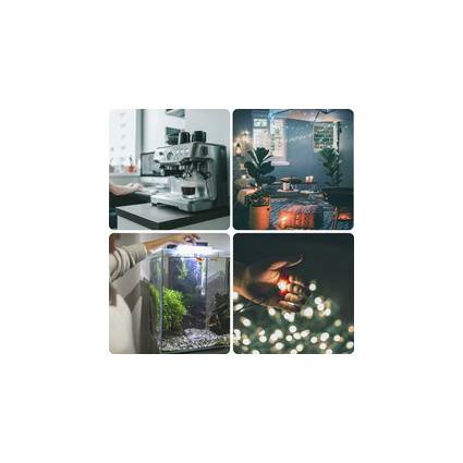 Vier-Panel-Collage von gemütlichen Zuhause-Szenen: Espressomaschine, mit Pflanzen gefüllter Raum, kleines Aquarium wird in der Hand gehalten, und warme Lichterketten in der Hand.