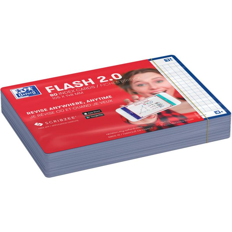 Packung mit 'Oxford FLASH 2.0' Indexkarten, 50 Blatt, mit digitaler Integration über die Scribzee-App. Karten im Format 80x125mm.