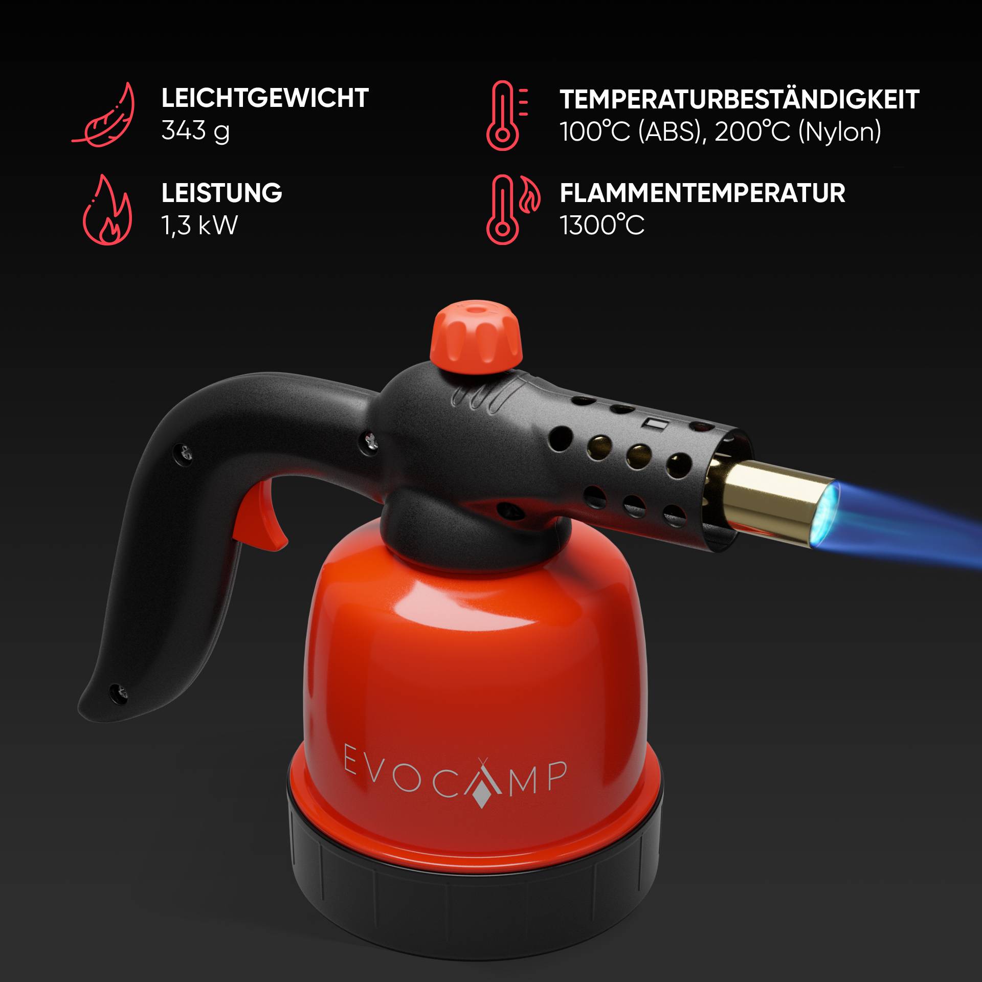 EVOCAMP Flambierbrenner Gasbrenner 1,3 kW, Küchenbrenner, Lötlampe mit Piezozündung