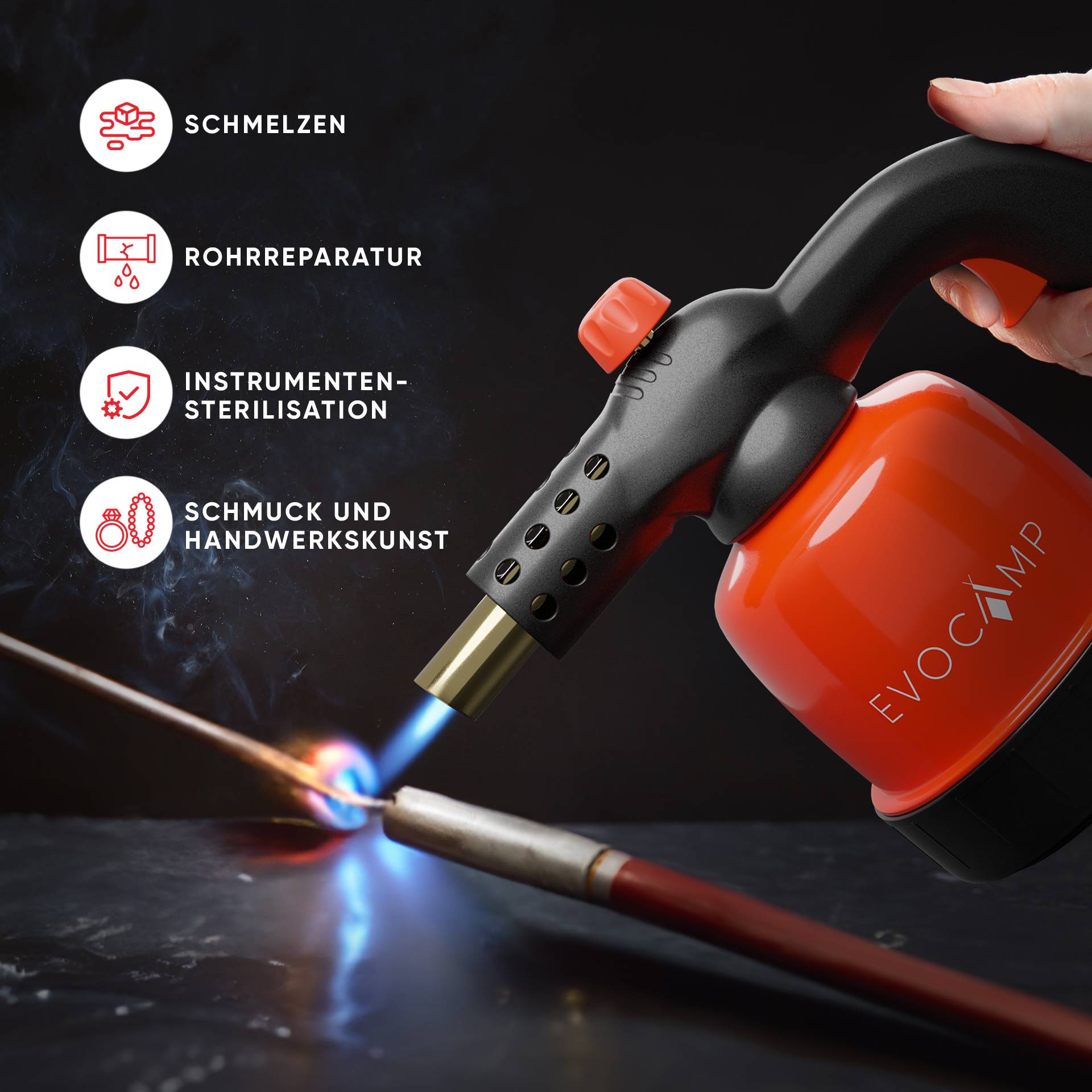 EVOCAMP Flambierbrenner Gasbrenner 1,3 kW, Küchenbrenner, Lötlampe mit Piezozündung + 4 Gaskartuschen 190g