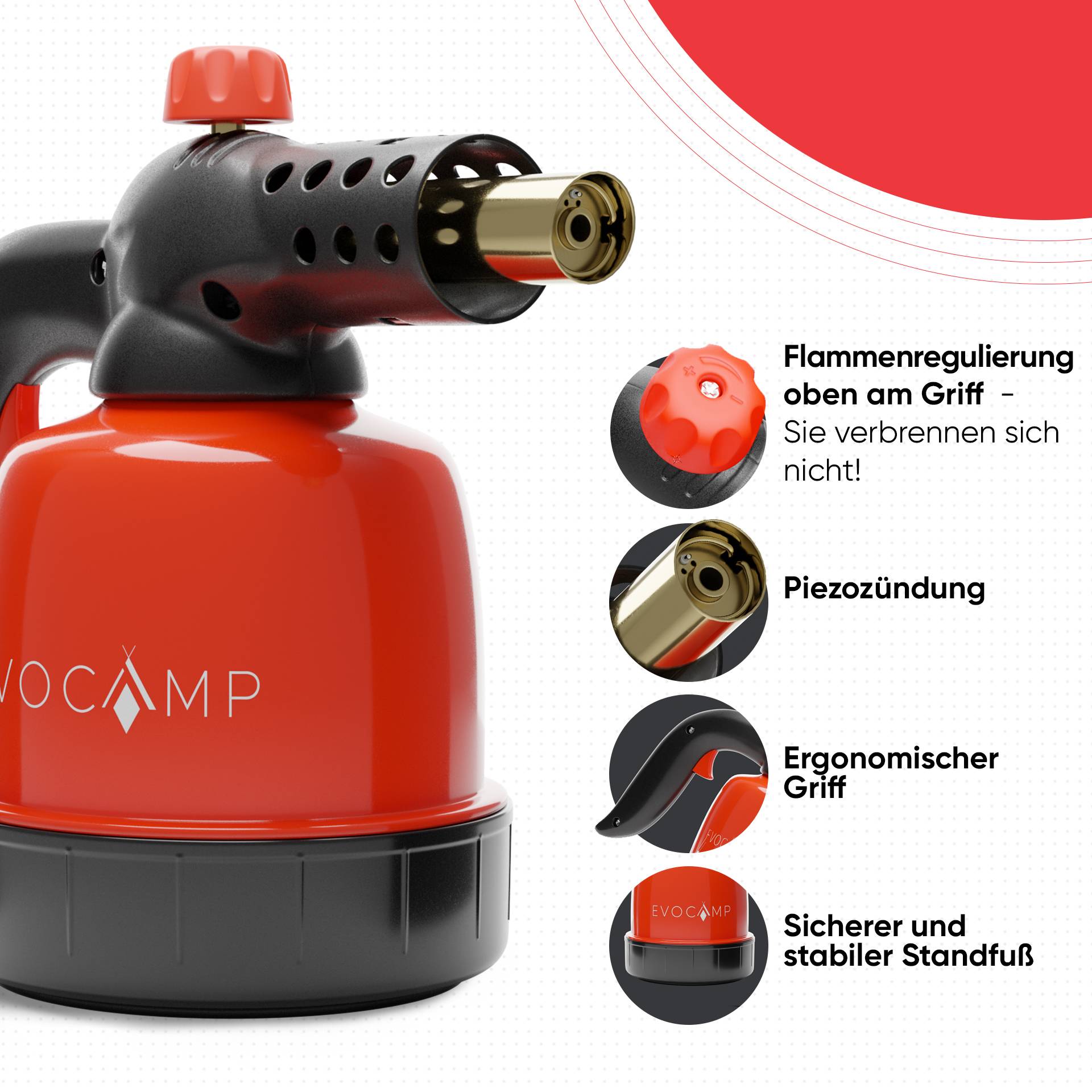 EVOCAMP Flambierbrenner Gasbrenner 1,3 kW, Küchenbrenner, Lötlampe mit Piezozündung + 4 Gaskartuschen 190g