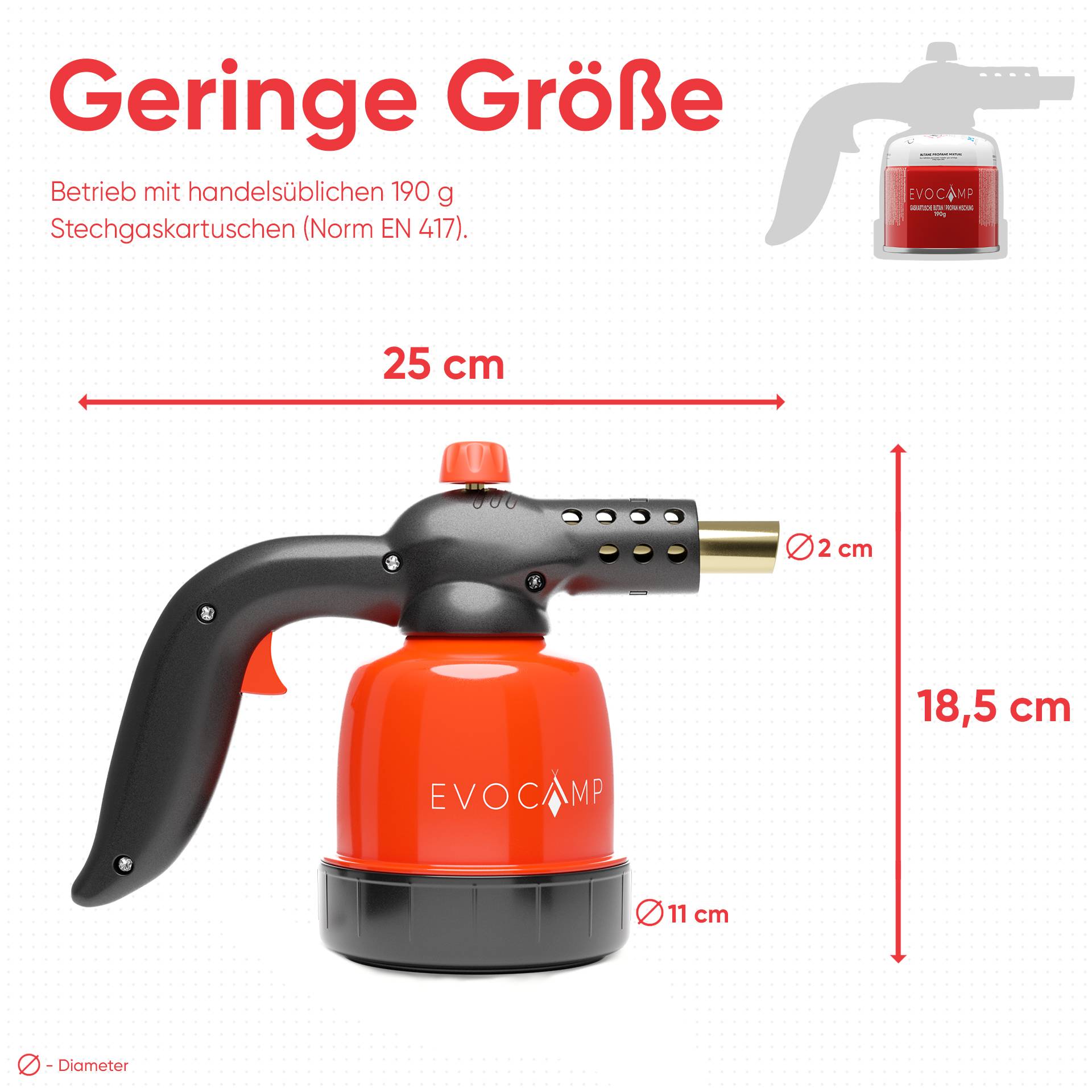 EVOCAMP Flambierbrenner Gasbrenner 1,3 kW, Küchenbrenner, Lötlampe mit Piezozündung