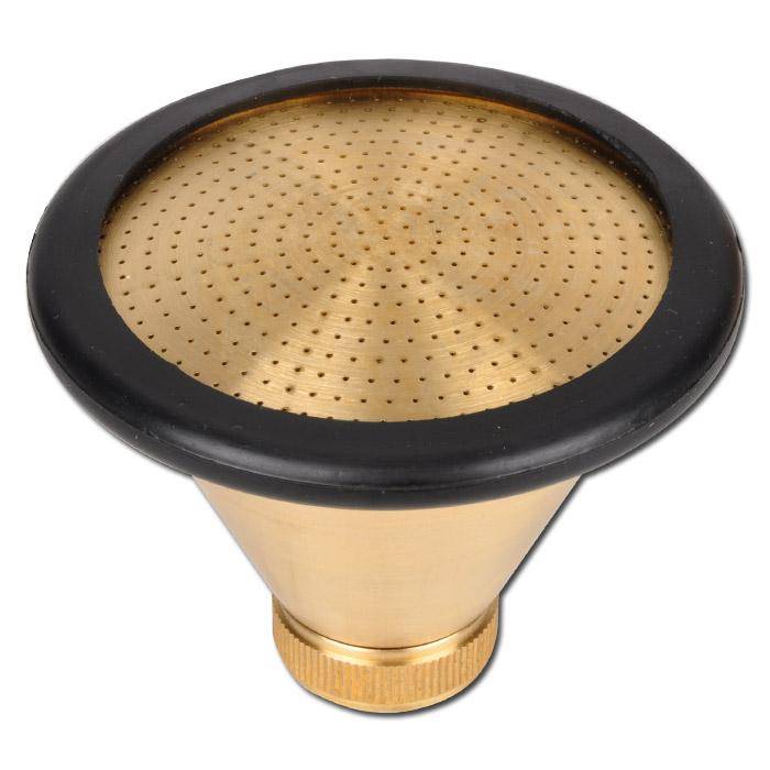 Ein goldfarbener Metallkaffeefilter mit einer feinen perforierten Oberfläche und einem schwarzen Rand, entwickelt für die Pour-Over-Kaffeezubereitung.