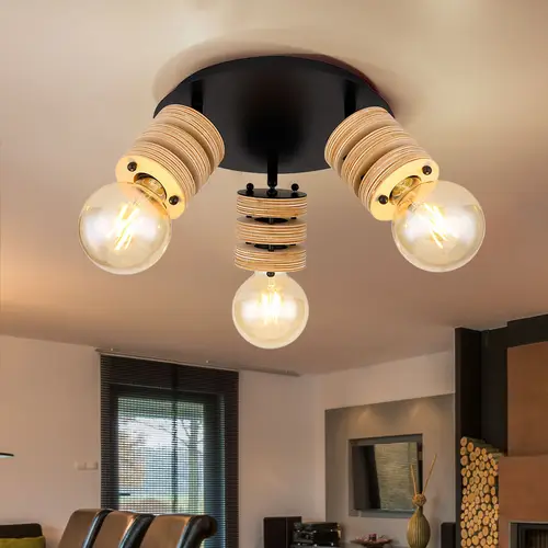 Deckenlampe Deckenleuchte Spotleuchte Holzlampe Holzleuchte, Spots beweglich 3 Flammig, Metall schwarz Holz natur, E27 Fassungen, DxH 28x17,5cm Deckenlampe Deckenleuchte Spotleuchte Holzlampe Holzleuchte, Spots beweglich 3 Flammig, Metall schwarz Holz natur, E27 Fassungen, DxH 28x17,5cm