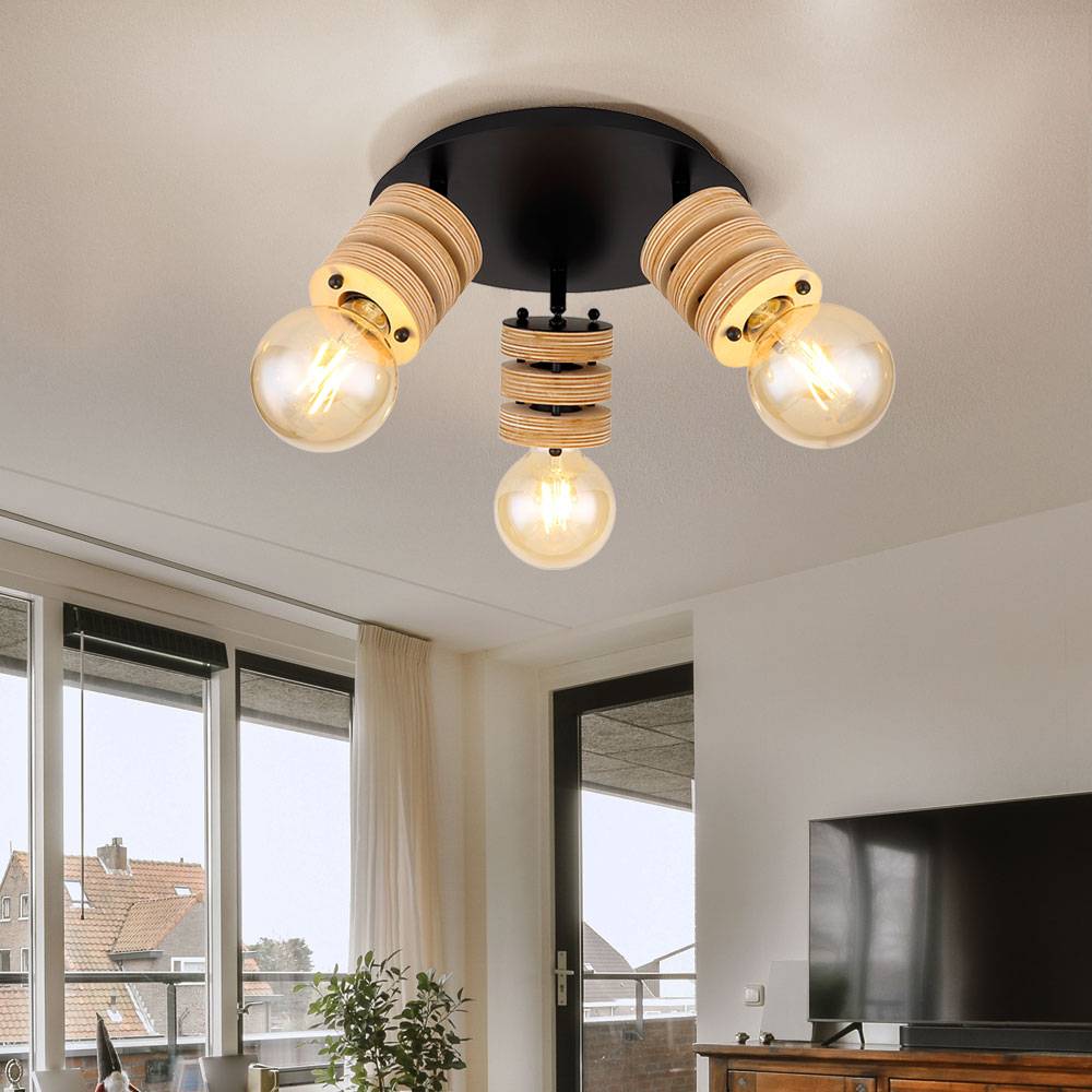 Deckenlampe Deckenleuchte Spotleuchte Holzlampe Holzleuchte, Spots beweglich 3 Flammig, Metall schwarz Holz natur, E27 Fassungen, DxH 28x17,5cm