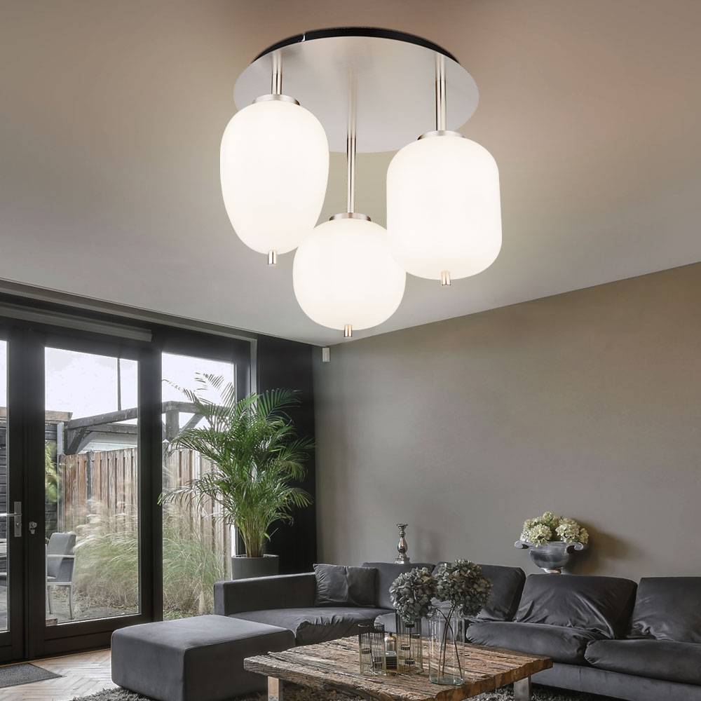 Deckenlampe Deckenleuchte Wohnzimmerlampe Schlafzimmerleuchte, 3 Flammig, Metall Nickel matt Glas opal, E14 Fassungen, DxH 46x36cm