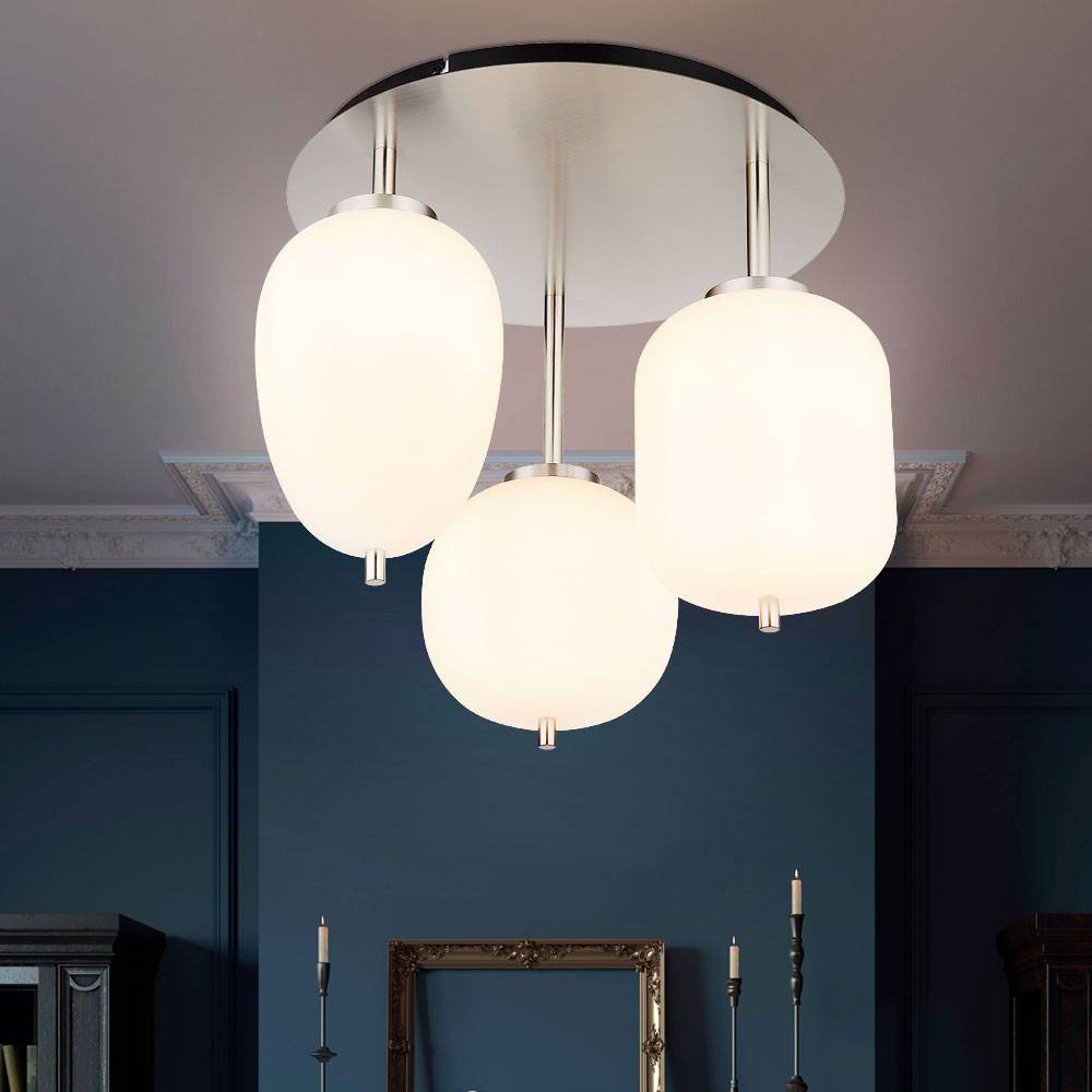 Deckenlampe Deckenleuchte Wohnzimmerlampe Schlafzimmerleuchte, 3 Flammig, Metall Nickel matt Glas opal, E14 Fassungen, DxH 46x36cm