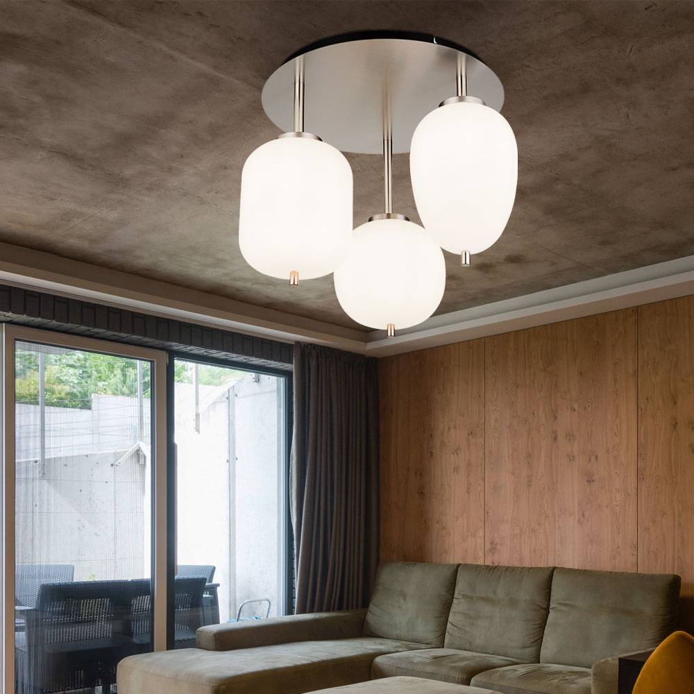 Deckenlampe Deckenleuchte Wohnzimmerlampe Schlafzimmerleuchte, 3 Flammig, Metall Nickel matt Glas opal, E14 Fassungen, DxH 46x36cm