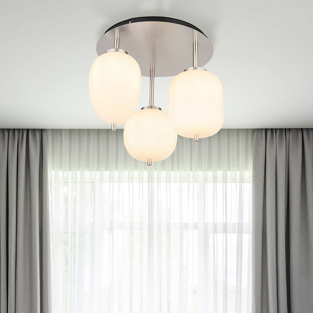 Deckenlampe Deckenleuchte Wohnzimmerlampe Schlafzimmerleuchte, 3 Flammig, Metall Nickel matt Glas opal, E14 Fassungen, DxH 46x36cm