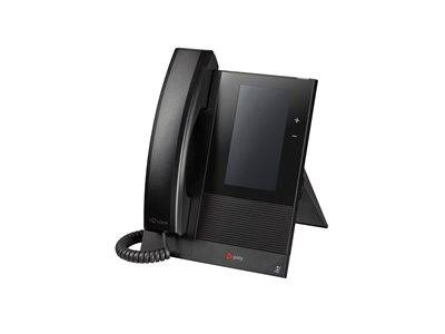 Ein schwarzes Büro-Telefon mit Touchscreen-Display und Hörer, das modernes Design und Funktionalität präsentiert.