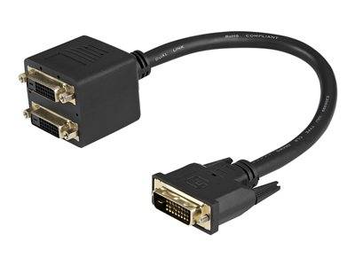 DVI-Verteilerkabel mit einem Ende, das mit zwei DVI-Anschlüssen verbunden ist, geeignet für Dual-Display-Setups.