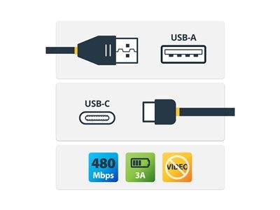 Diagramm zur Darstellung von USB-A- und USB-C-Anschlüssen. USB-C bietet eine Geschwindigkeit von 480 Mbit/s und eine Leistung von 3A. Keine VILEC-Unterstützung angegeben.