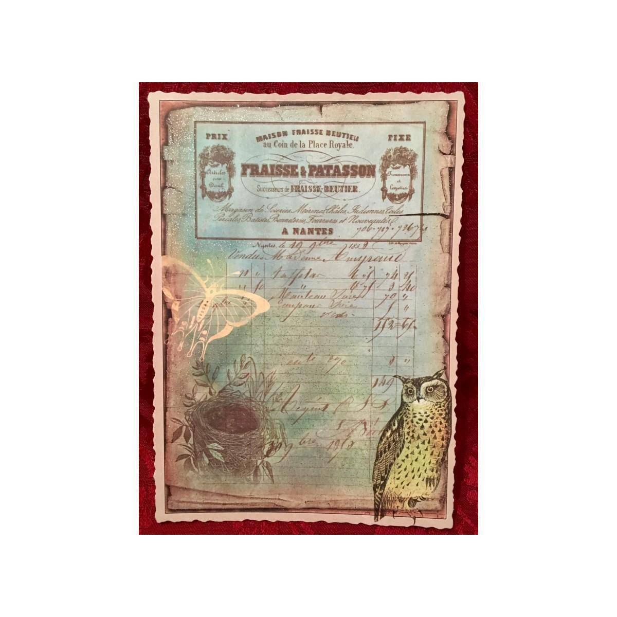 5028 - Postkarte Vintage Vogelnest und Uhu (mit Glimmer)