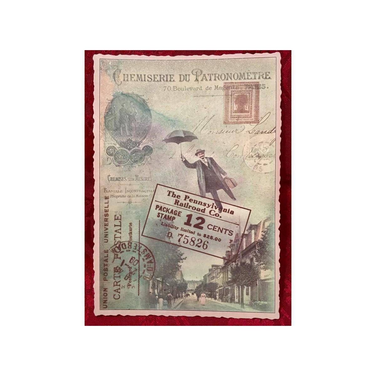 5030 - Postkarte Vintage Mann mit Schirm (mit Glimmer)