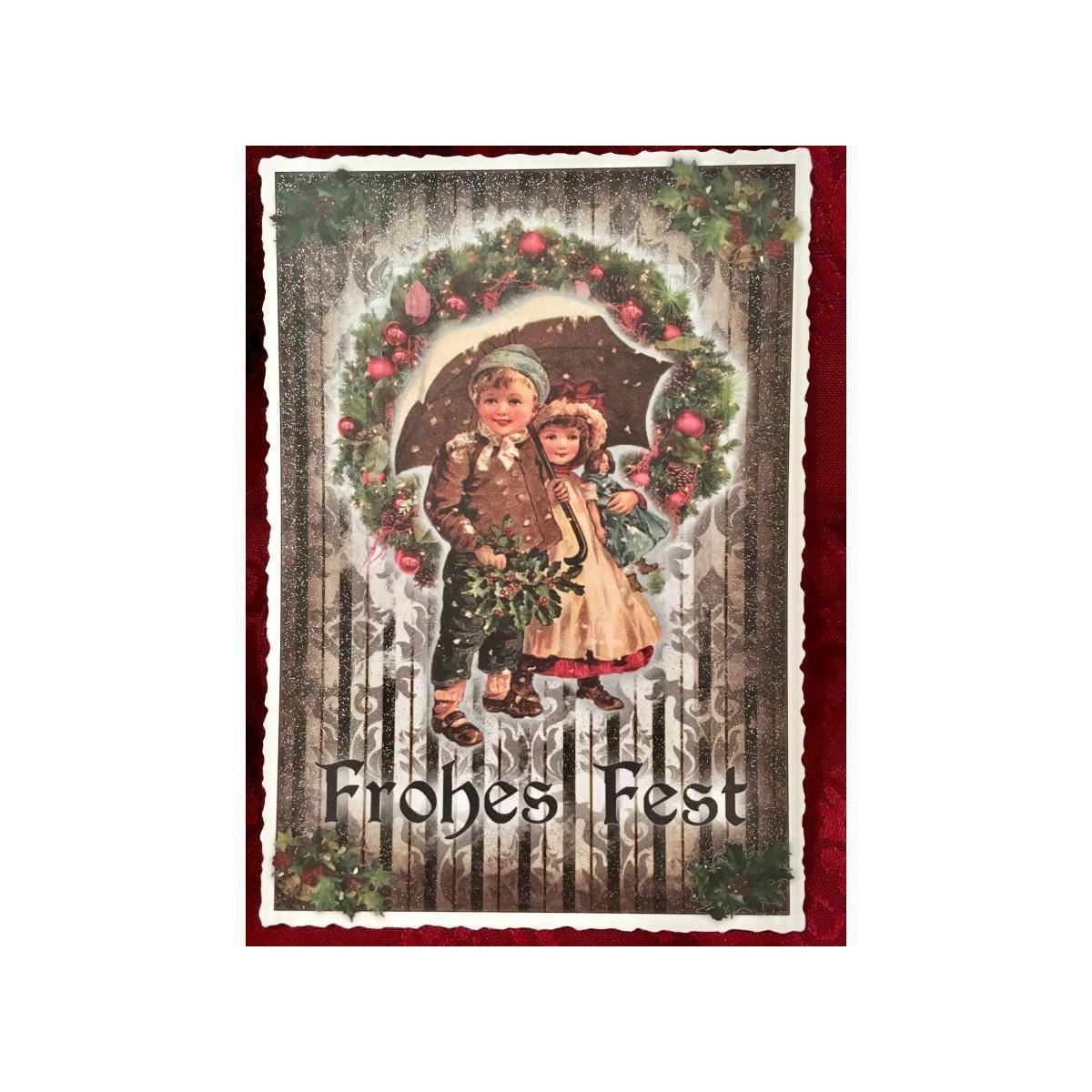 5034 - Postkarte Christmas Kinder mit Schirm (mit Glimmer)
