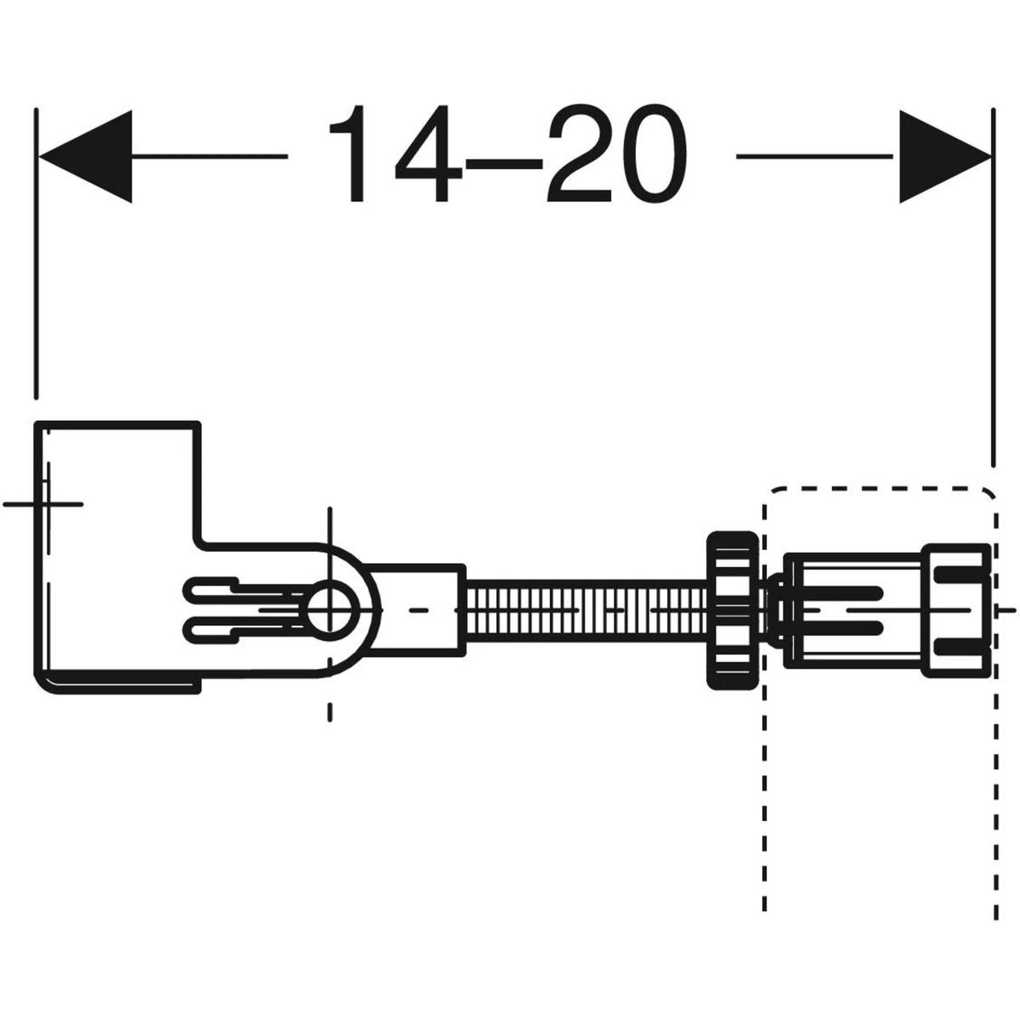 Technisches Diagramm eines mechanischen Steckers mit einer Längendimension von 14–20 mm mit Pfeilen und einer Seitenansicht der Baugruppenzeichnung des Teils.