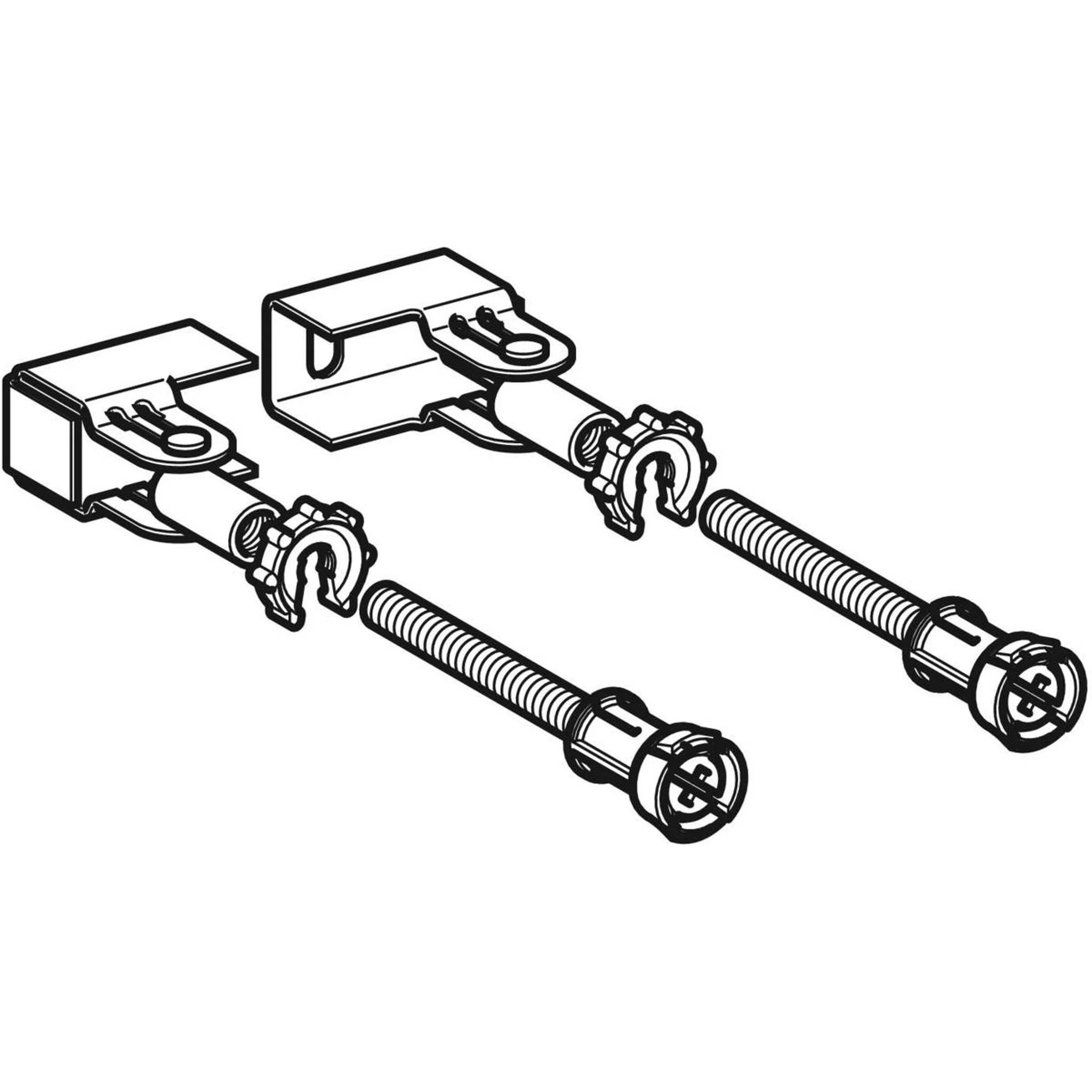 Schwarz-weiße technische Illustration von zwei verstellbaren Klemmbefestigungen mit Gewindestangen und Handknöpfen, nebeneinander auf einfachem Hintergrund dargestellt.