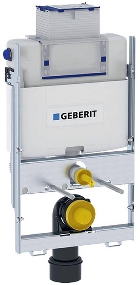 Geberit Unterputz-Spülkasten-Rahmen mit Spültank, Rohrleitungsanschlüssen und verstellbarer Stützstruktur für die Installation von Hänge-WC-Schüsseln.