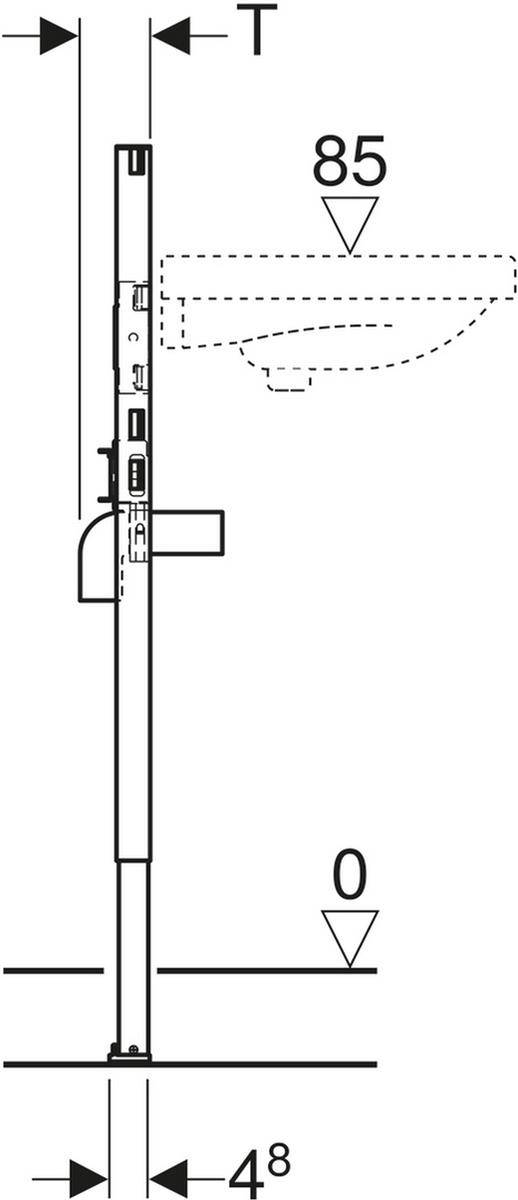 Vertikales Ingenieurszeichnung eines Schilds oder einer Stange, die auf einem Sockel montiert ist, mit einer von 0 bis 85 gekennzeichneten Höhe und oberen Abstandspfeilen mit der Bezeichnung T.