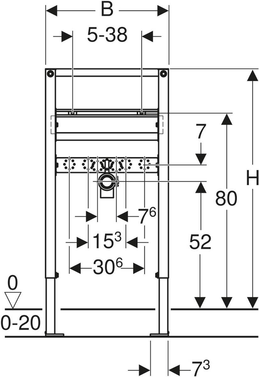 Technische Maßzeichnung einer Rahmeneinheit mit gekennzeichneten Maßen B, H, 0-20, 5-38, 7, 80, 52, 76, 15³, 30⁶ und 7³.