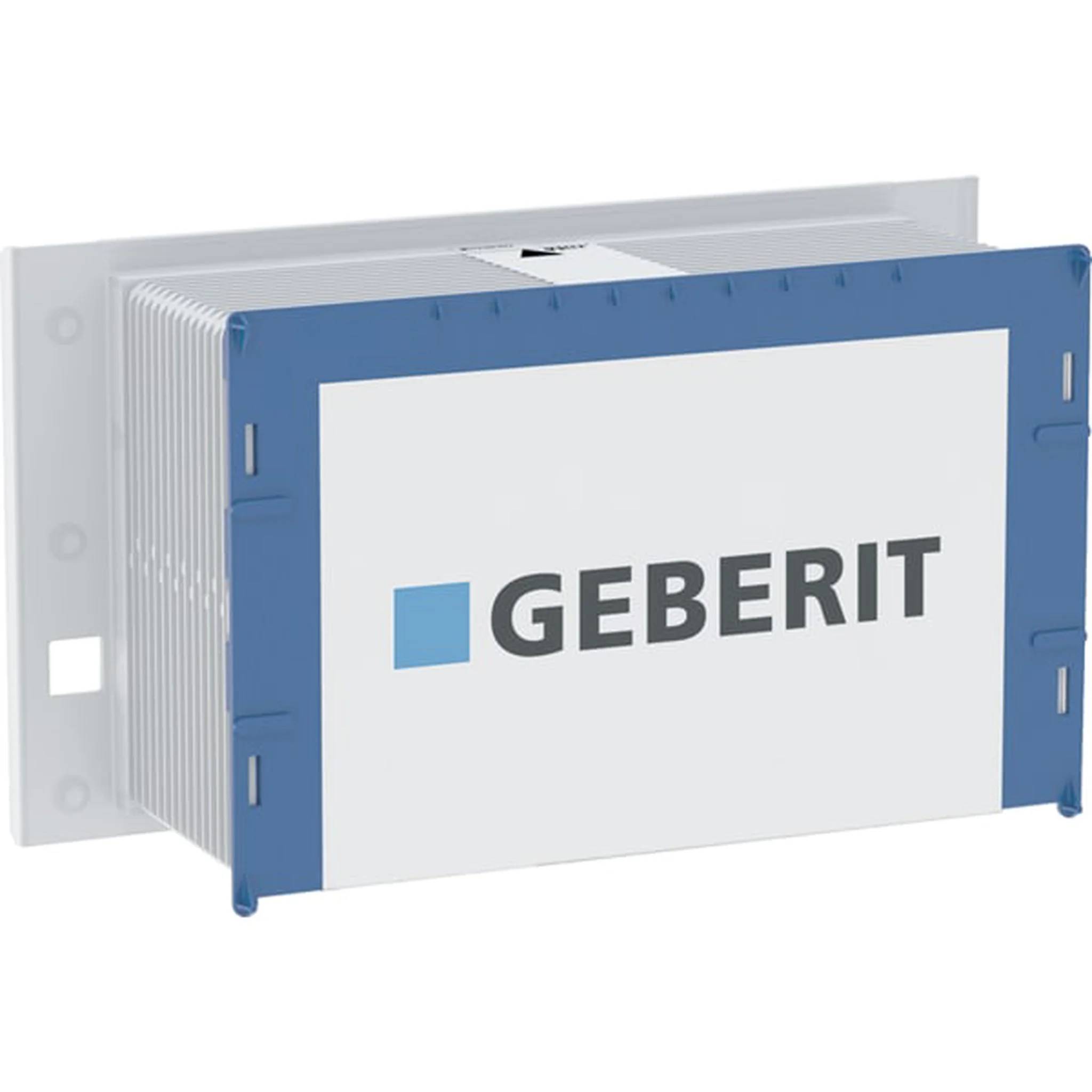 Geberit-Vorwandelement in blau-weiß, dargestellt als Badezimmer-Installationskomponente.