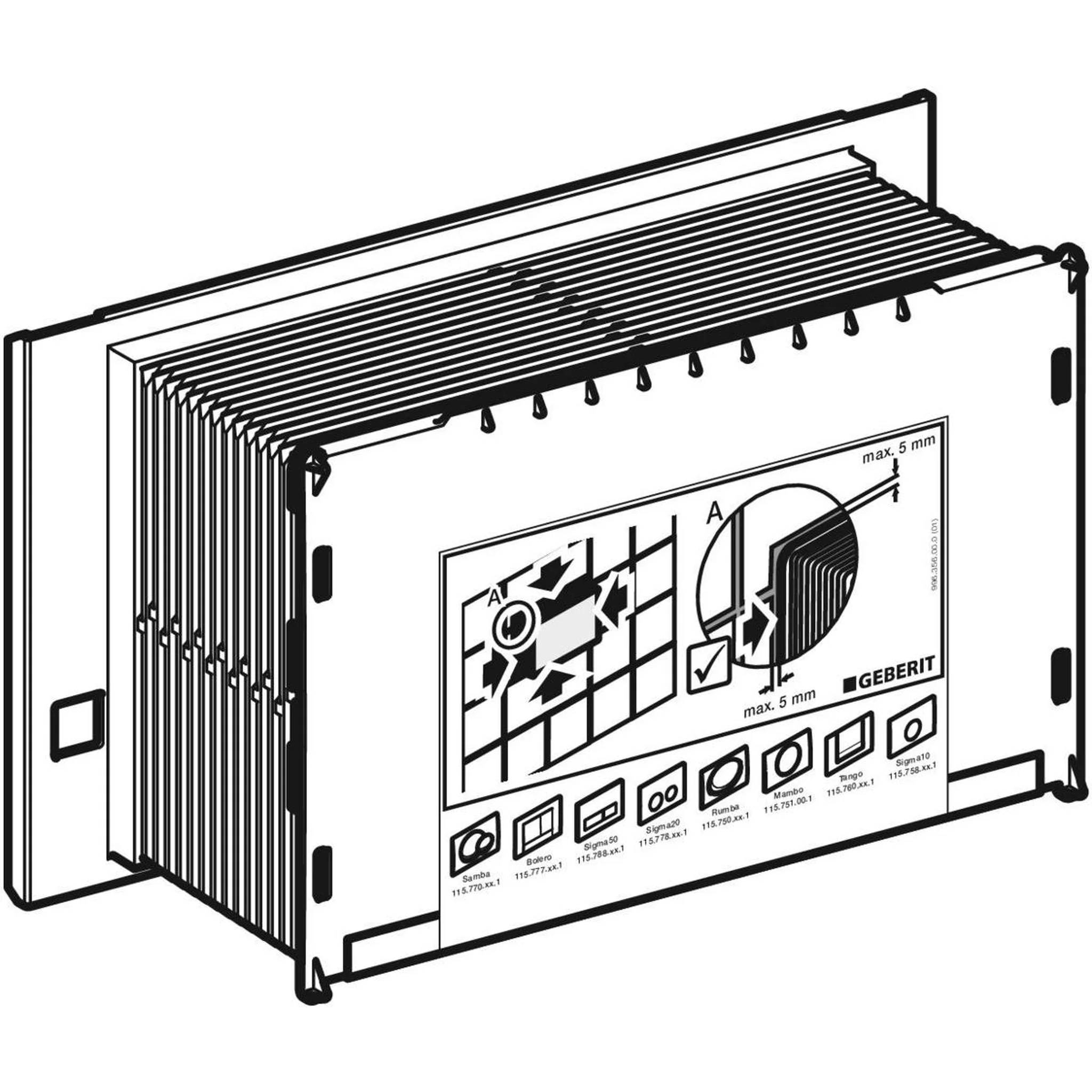 Technisches Installationsdiagramm einer Geberit Wandmontagelösung mit geschichteten Paneelen und gekennzeichneter Ausrichtung, mit angezeigten Schraubenpositionen und max. 5 mm Abstand.