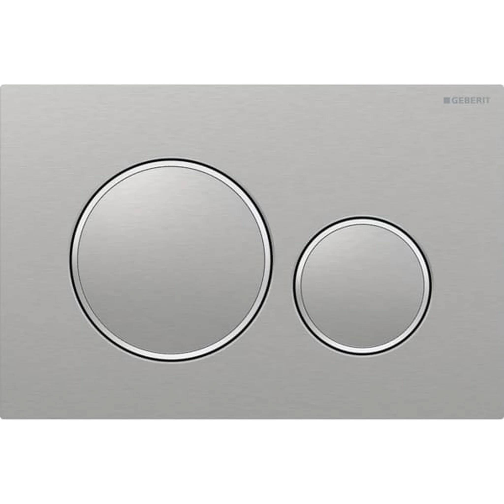 Gebürstete Metallspülplatte mit doppelter Spülung und zwei runden Knöpfen, wahrscheinlich für einen Toilettenbehälter, dargestellt auf einem einfachen Hintergrund.