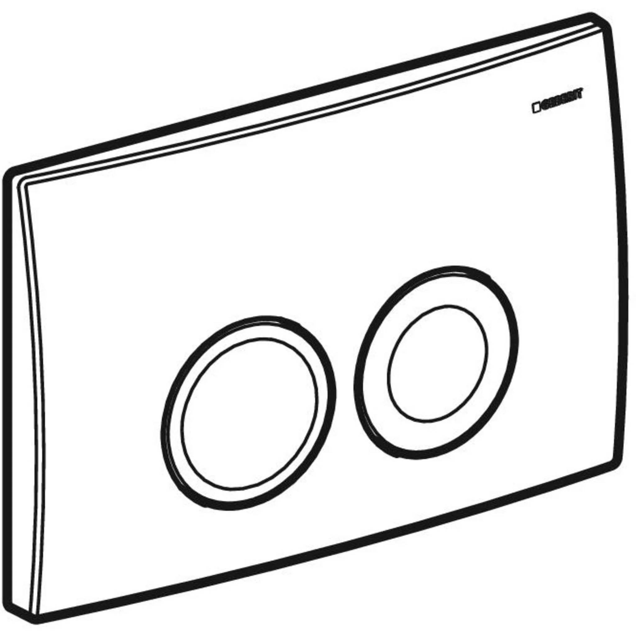 Eine rechteckige Toilettenspülplatte mit Doppelspülung und zwei runden Tasten für verschiedene Spüloptionen.