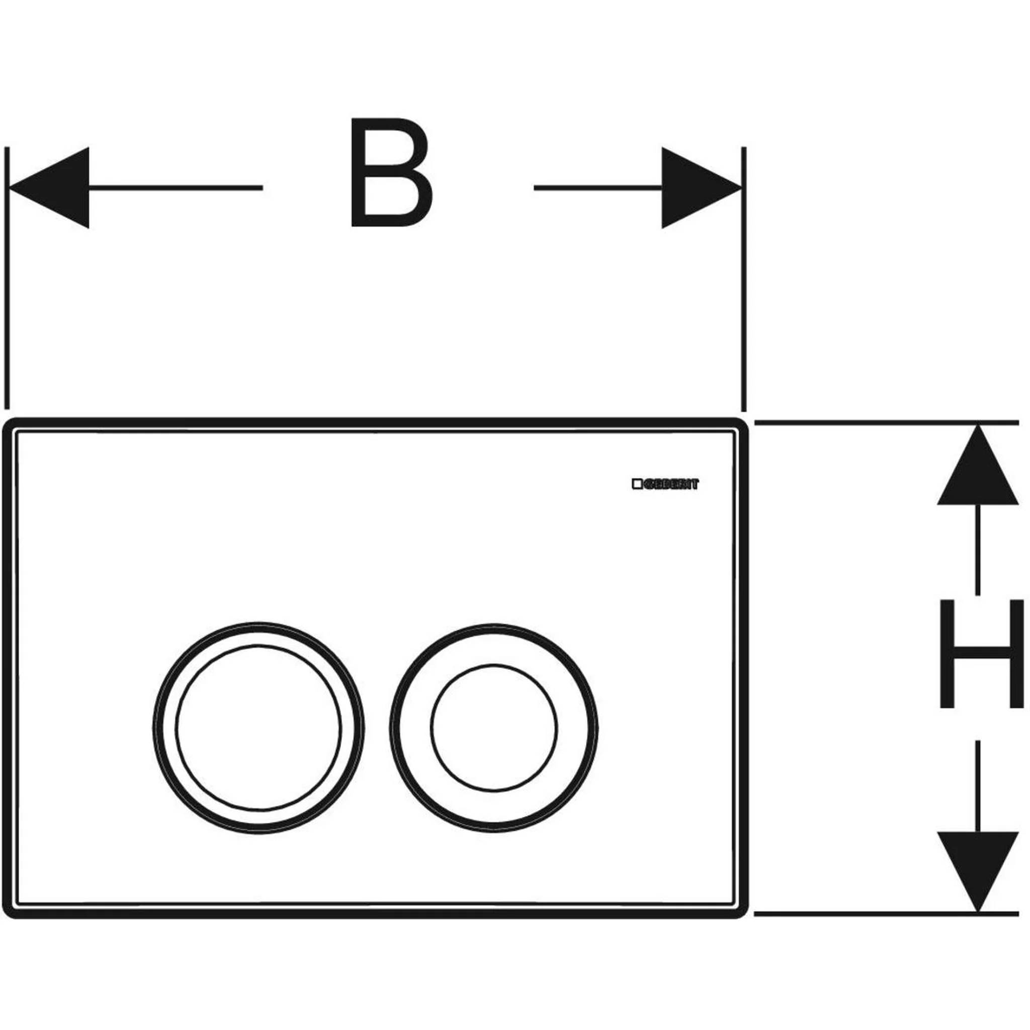 Technische Zeichnung eines rechteckigen Panels mit zwei kreisförmigen Öffnungen, mit Breite „B