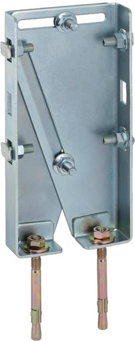 Metallisches Elektrokasten-Montageelement mit verstellbaren Seitenklemmen und zwei nach unten verlaufenden Gewindeankerbolzen.