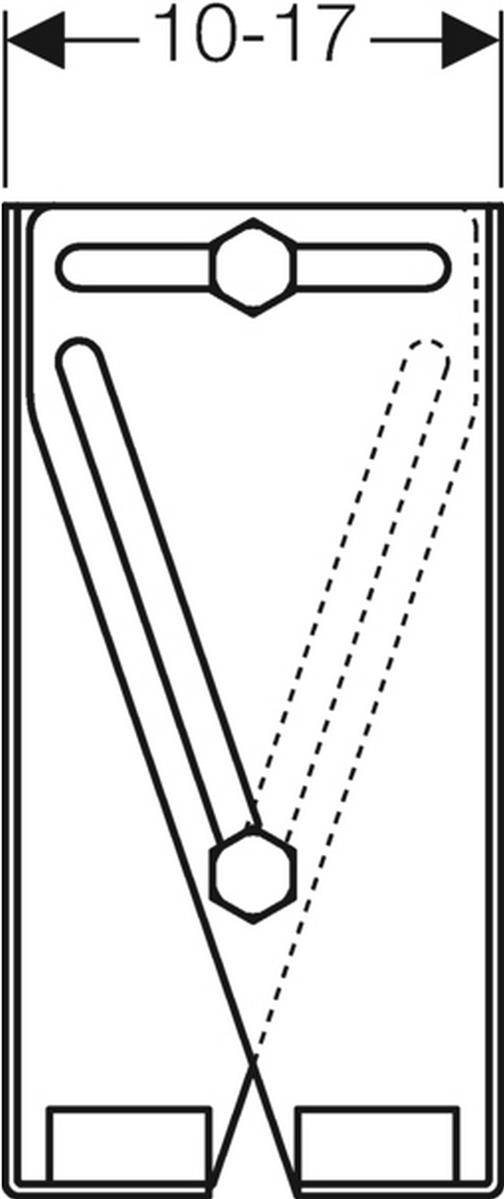 Diagramm eines angelenkten Klappständers, der in einer V-Form offen dargestellt ist, mit einer oben gekennzeichneten Breite von „10-17