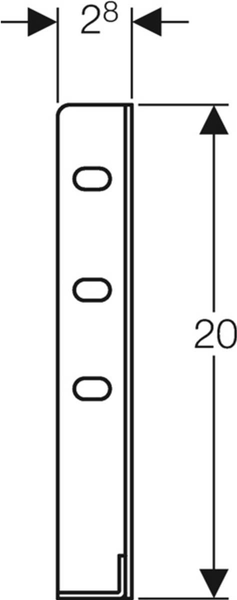 Technische Strichzeichnung eines schmalen geschlitzten Metallstreifens, mit Breite 28 und Höhe 20, gekennzeichnet durch Bemessungspfeile.