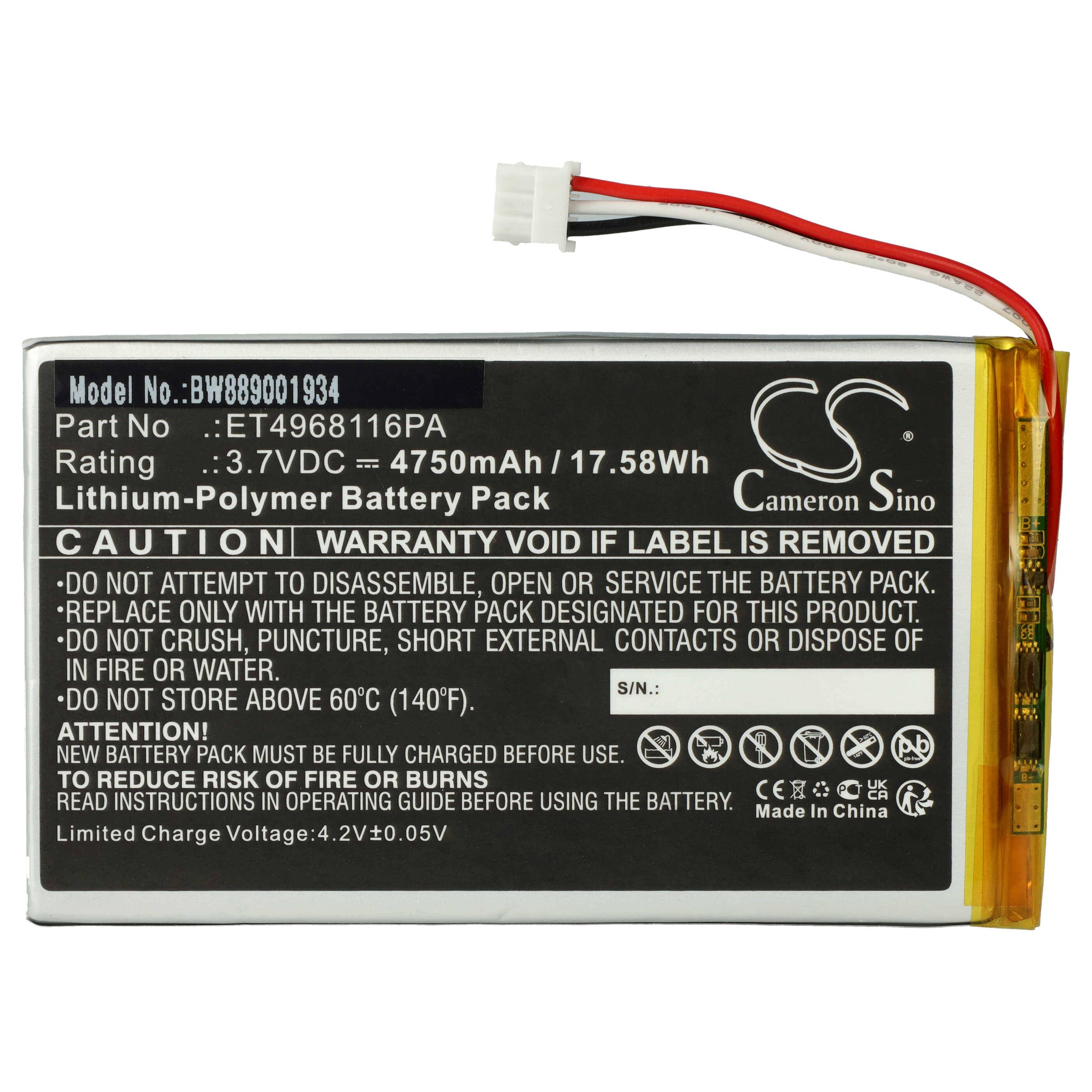 Lithium-Polymer-Akku mit roten und schwarzen Anschlussleitungen, gekennzeichnet mit 3,7V 4750mAh 17,58Wh von Cameron Sino.